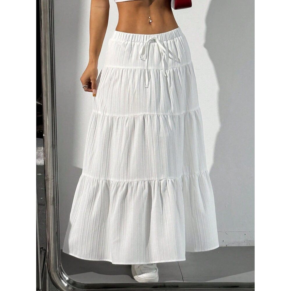 5931 Maxi Skirts Solid Color Long Skirts Summer High Waist Ruffled Hem - Picture 5 of 5